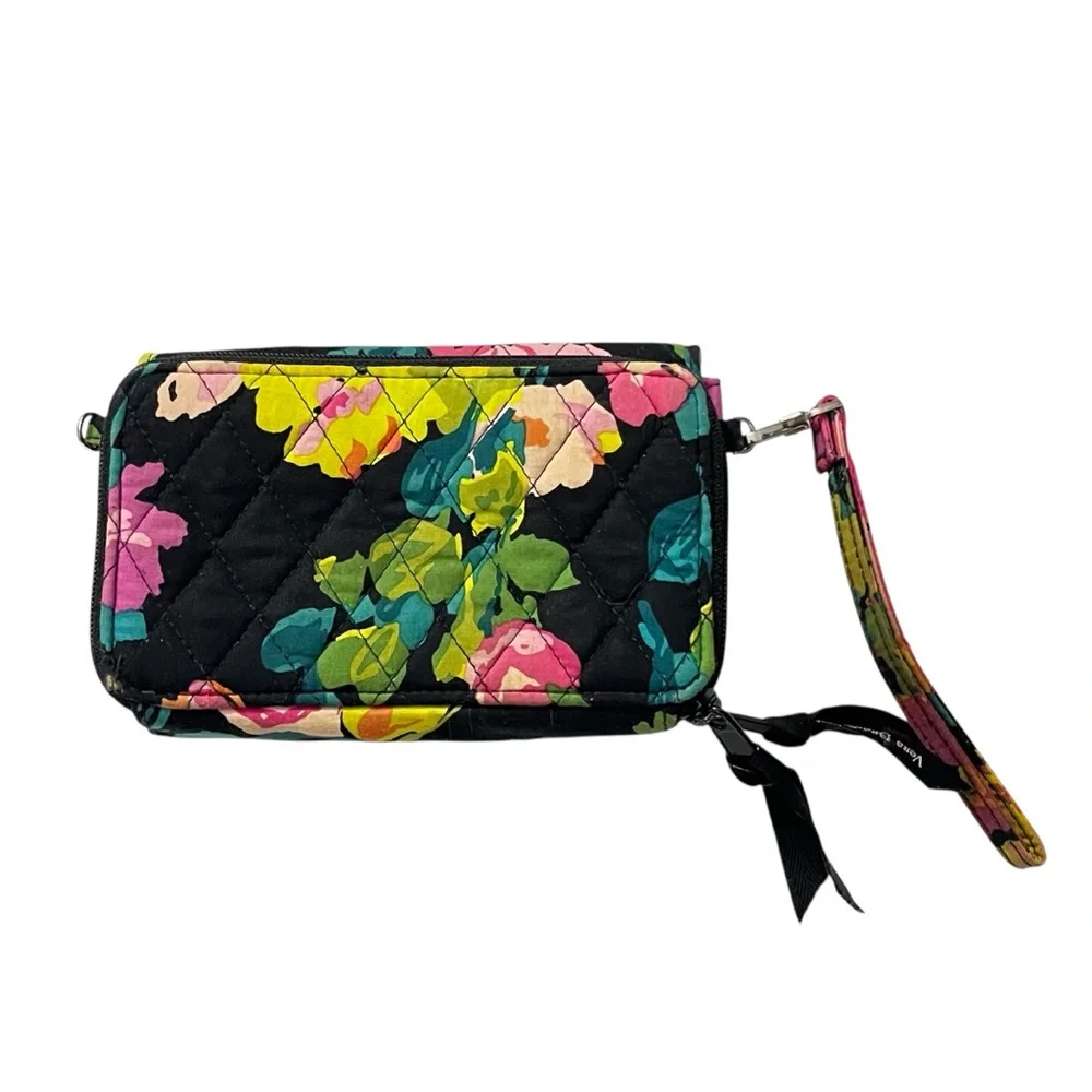 Vera Bradley Floral Wallet Wristlet Black Multicolor Quilted Zip Clutch